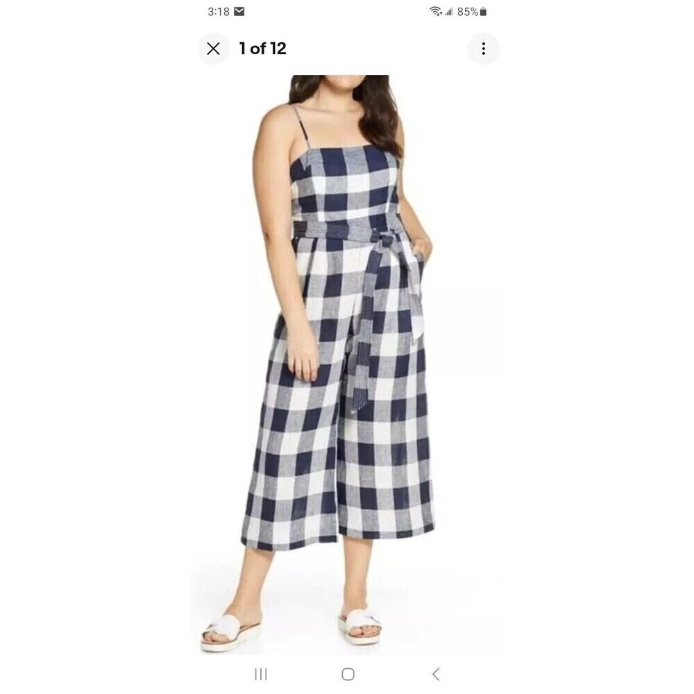 J. Crew gingham linen wide leg jumpsuit Beauchamps sz 2/4? strappy preppy party